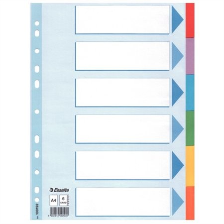 Regiszter, karton, A4, 6 részes, írható előlappal, Esselte Standard, színes (100192)