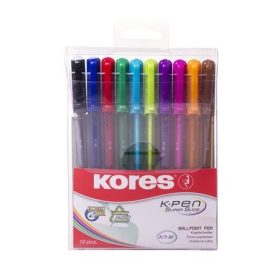   Golyóstoll készlet, kupakos, háromszögletű, Kores,vegyes, 10 db/csomag (IK37150)