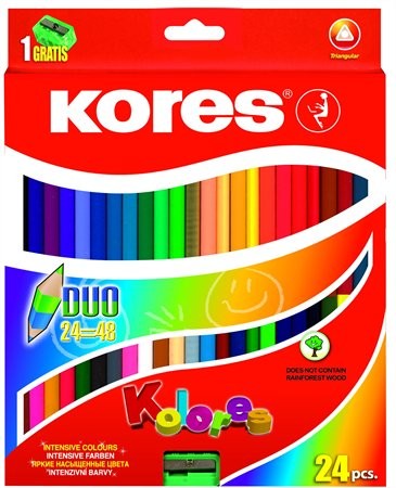 Színes ceruza készlet, kétvégű, háromszögletű, Kores Duo, 24 különböző szín, 24 db/készlet (IK100624)