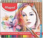   Akvarell ceruza készlet, ecsettel, fém doboz, MAPED Artists, 24 különböző szín