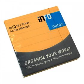   Öntapadós jegyzettömb Info Notes vonalas 75x75 mm 80 lapos neon narancs (5654-35-L)