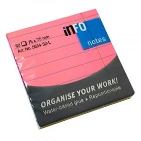   Öntapadós jegyzettömb Info Notes vonalas 75x75 mm 80 lapos neon rózsaszín (5654-32-L)