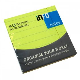   Öntapadós jegyzettömb Info Notes vonalas 75x75 mm 80 lapos neon zöld (5654-33-L)