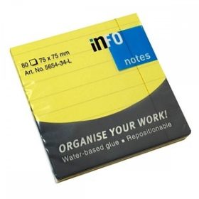   Öntapadós jegyzettömb Info Notes vonalas 75x75 mm 80 lapos neon sárga (5654-34-L)