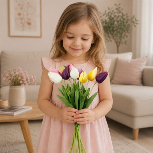 Tulipán dekorációs művirág szál 50cm, pink színű
