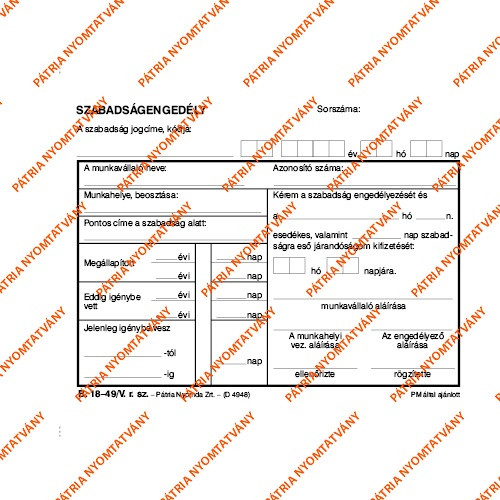 Szabadságengedély A/6 50X2 lap B.18-49/V Pátria