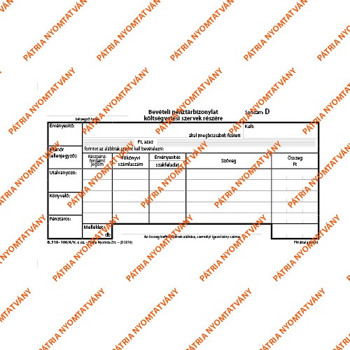 Bevételi pénztárbizonylat nyugtával 25x3 lapos tömb 203x102 mm B.318-100/A/V Pátria Nyomda (költségvetési szerveknek)