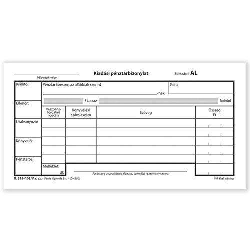 Kiadási Pénztárbizonylat B.SZ.NY.318-103/V Pátria