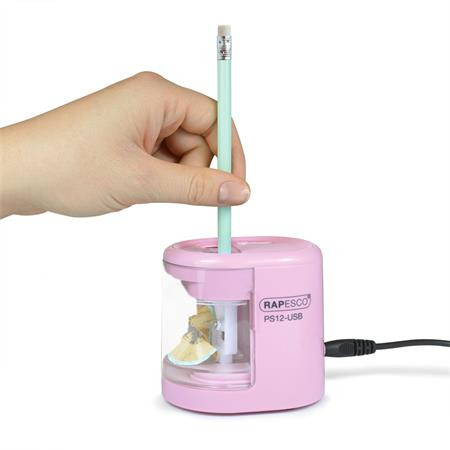 Hegyező, kétlyukú, asztali, elemes, USB töltővel, Rapesco PS12-USB, világos rózsaszín