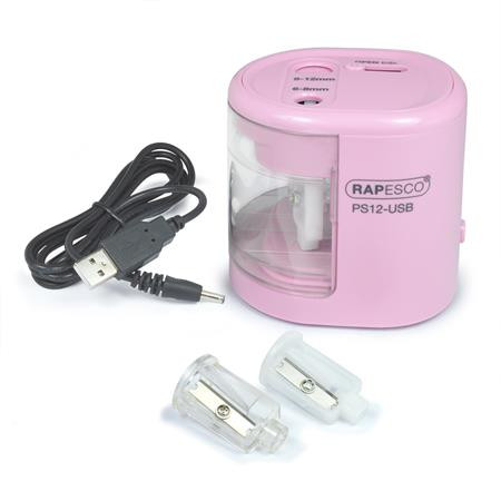Hegyező, kétlyukú, asztali, elemes, USB töltővel, Rapesco PS12-USB, világos rózsaszín