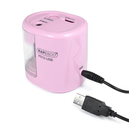 Hegyező, kétlyukú, asztali, elemes, USB töltővel, Rapesco PS12-USB, világos rózsaszín