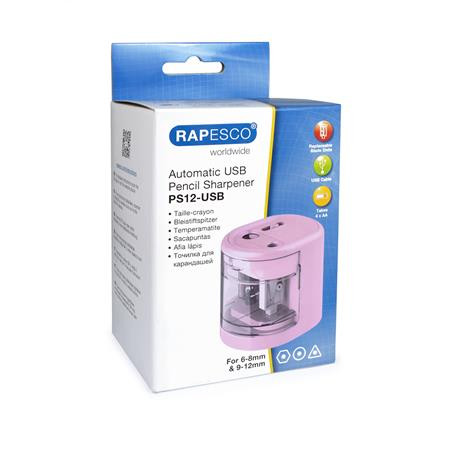 Hegyező, kétlyukú, asztali, elemes, USB töltővel, Rapesco PS12-USB, világos rózsaszín