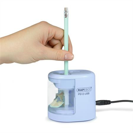 Hegyező, kétlyukú, asztali, elemes, USB töltővel, Rapesco PS12-USB, világoskék