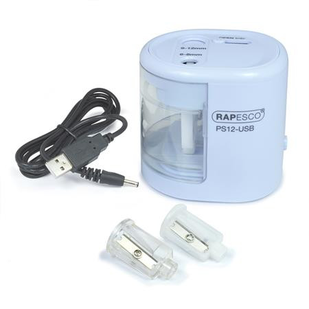 Hegyező, kétlyukú, asztali, elemes, USB töltővel, Rapesco PS12-USB, világoskék