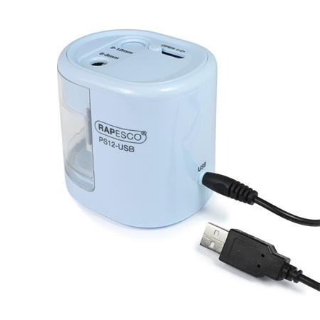 Hegyező, kétlyukú, asztali, elemes, USB töltővel, Rapesco PS12-USB, világoskék