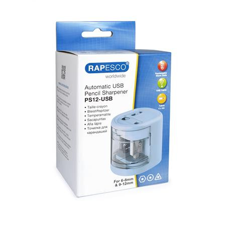 Hegyező, kétlyukú, asztali, elemes, USB töltővel, Rapesco PS12-USB, világoskék