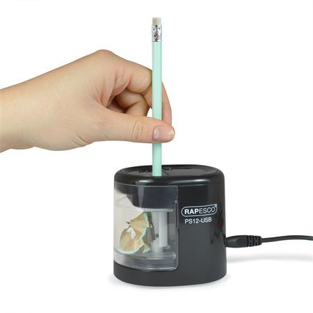 Hegyező, kétlyukú, asztali, elemes, USB töltővel, Rapesco PS12-USB, fekete
