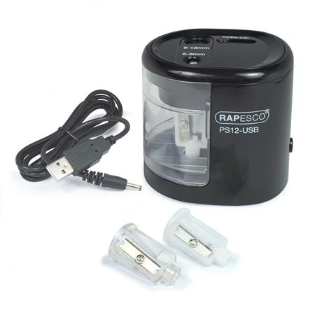 Hegyező, kétlyukú, asztali, elemes, USB töltővel, Rapesco PS12-USB, fekete