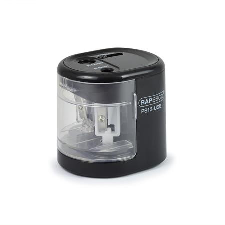 Hegyező, kétlyukú, asztali, elemes, USB töltővel, Rapesco PS12-USB, fekete