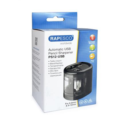 Hegyező, kétlyukú, asztali, elemes, USB töltővel, Rapesco PS12-USB, fekete