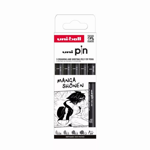 UNI PIN 5 darabos rajzmarker készlet Manga Shonen (Black Brush, fekete rajzmarker: 0,05/0,3/0,8/1,2 mm)