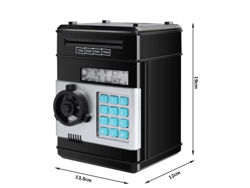 Zenélő játék széf pénzérmékhez és bankjegyekhez, elektronikus malacpersely, fekete