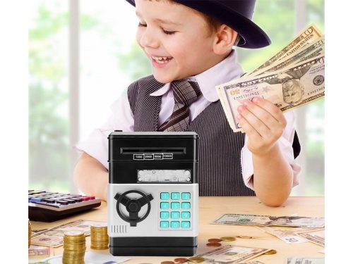 Zenélő játék széf pénzérmékhez és bankjegyekhez, elektronikus malacpersely, fekete