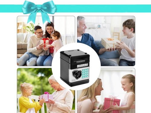 Zenélő játék széf pénzérmékhez és bankjegyekhez, elektronikus malacpersely, fekete