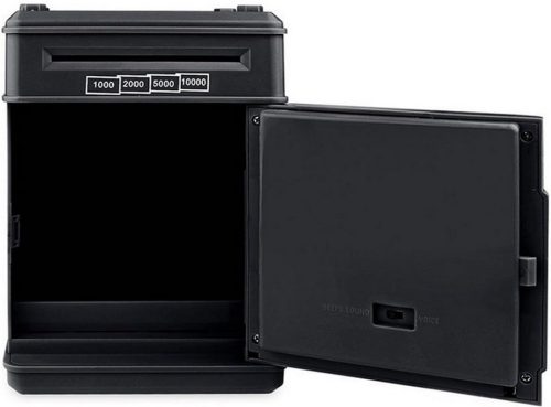 Zenélő játék széf pénzérmékhez és bankjegyekhez, elektronikus malacpersely, fekete