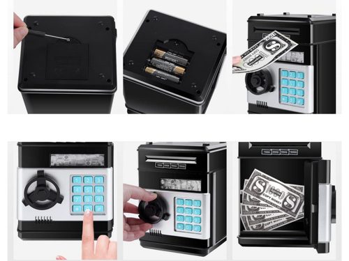 Zenélő játék széf pénzérmékhez és bankjegyekhez, elektronikus malacpersely, fekete