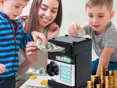 Zenélő játék széf pénzérmékhez és bankjegyekhez, elektronikus malacpersely, fekete