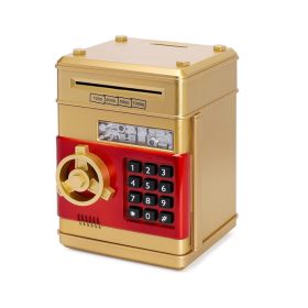   Zenélő játék széf pénzérmékhez és bankjegyekhez, elektronikus malacpersely, metál arany-piros