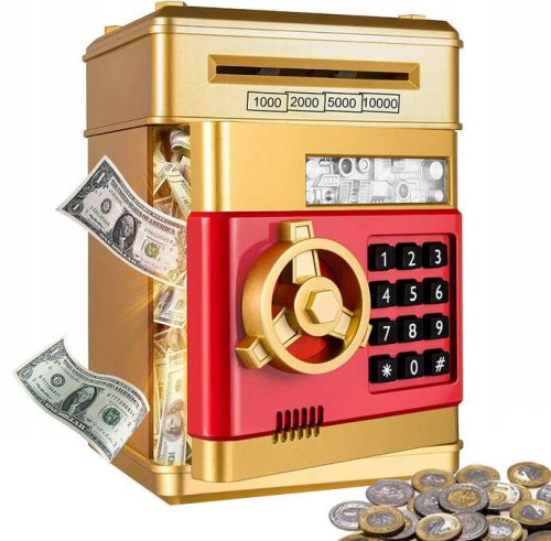 Zenélő játék széf pénzérmékhez és bankjegyekhez, elektronikus malacpersely, metál arany-piros