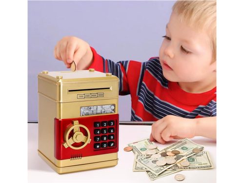 Zenélő játék széf pénzérmékhez és bankjegyekhez, elektronikus malacpersely, metál arany-piros