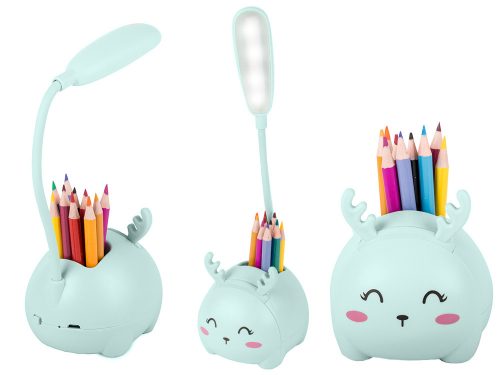 Pet.LED cuki szarvas alakú gyerek lámpa és írószertartó, telefontartó, USB-ről tölthető, türkiz