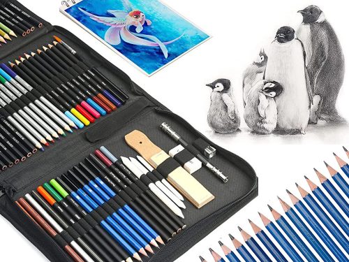 Professzionális 74 részes rajzkészlet – ceruzák, szén, pasztell, színes ceruzák és tartozékok praktikus tokban