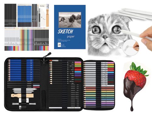 Professzionális 74 részes rajzkészlet – ceruzák, szén, pasztell, színes ceruzák és tartozékok praktikus tokban