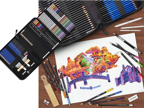 Professzionális 74 részes rajzkészlet – ceruzák, szén, pasztell, színes ceruzák és tartozékok praktikus tokban