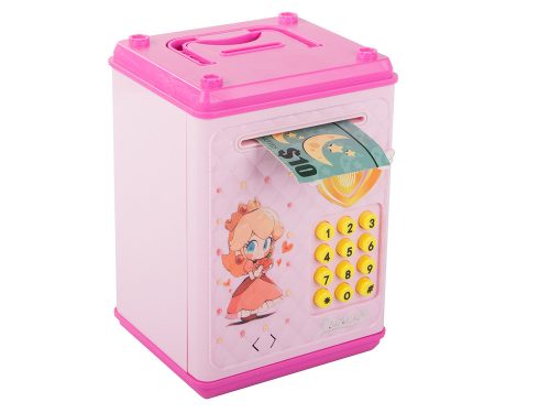 Zenélő játék széf pénzérmékhez és bankjegyekhez, elektronikus malacpersely, rózsaszín