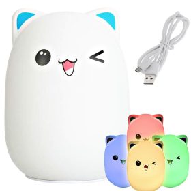  Hordozható LED RGB Cat Kawaii éjszakai lámpa gyerekeknek, macska modell, USB töltő akkumulátor, 5V, érintésérzékelő, többféle világítási mód, mosható szilikon, ABS, fehér, 12,5x9x9,5 cm