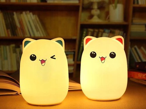 Hordozható LED RGB Cat Kawaii éjszakai lámpa gyerekeknek, macska modell, USB töltő akkumulátor, 5V, érintésérzékelő, többféle világítási mód, mosható szilikon, ABS, fehér, 12,5x9x9,5 cm