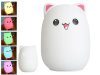 Hordozható LED RGB Cat Kawaii éjszakai lámpa gyerekeknek, macska modell, USB töltő akkumulátor, 5V, érintésérzékelő, többféle világítási mód, mosható szilikon, ABS, fehér, 12,5x9x9,5 cm